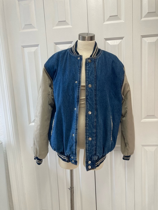 Vintage Other - Vintage Blue Denim Bomber Jacket with Tan Sleeves